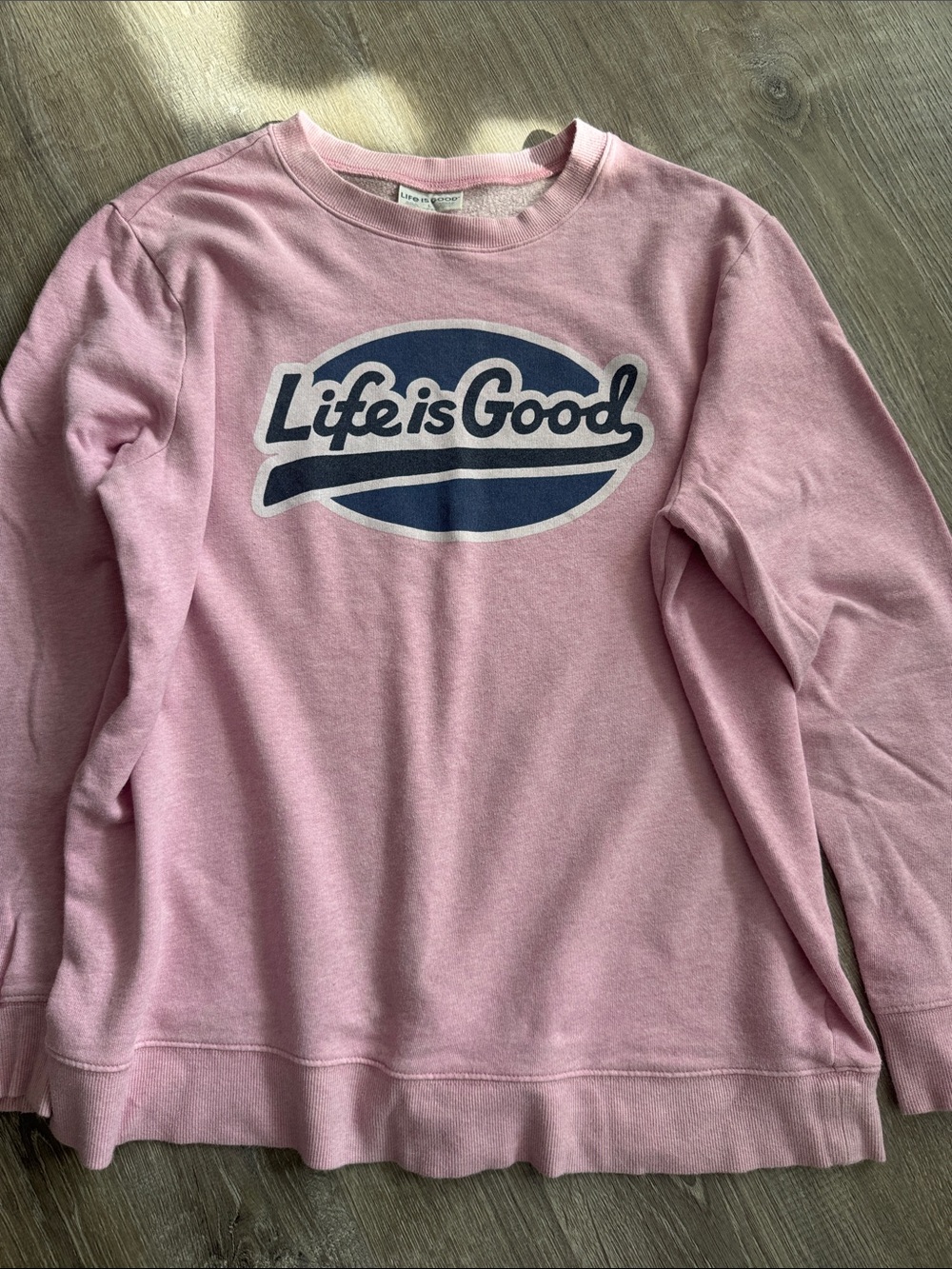 Life Is Good Women's Light Pink Crewneck Sweatshirt with Navy Logo